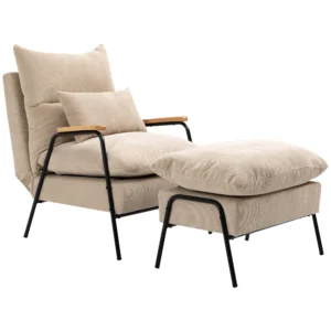 Relaxstoel met voetenbank stoel met verstelbare rugleuning, ligfunctie, kussen, moderne loungestoel gestoffeerde stoel met koord uiterlijk voor woonkamer tot 180 kg belastbaar, beige 1