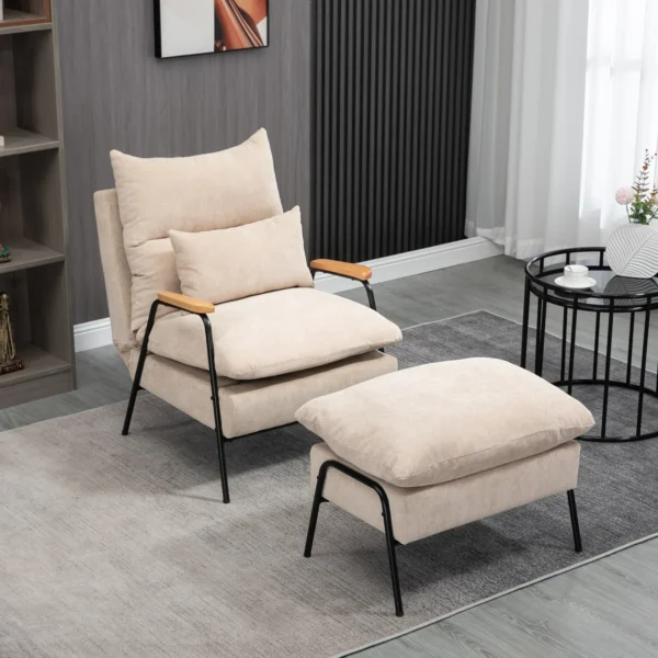 Relaxstoel met voetenbank stoel met verstelbare rugleuning, ligfunctie, kussen, moderne loungestoel gestoffeerde stoel met koord uiterlijk voor woonkamer tot 180 kg belastbaar, beige 2