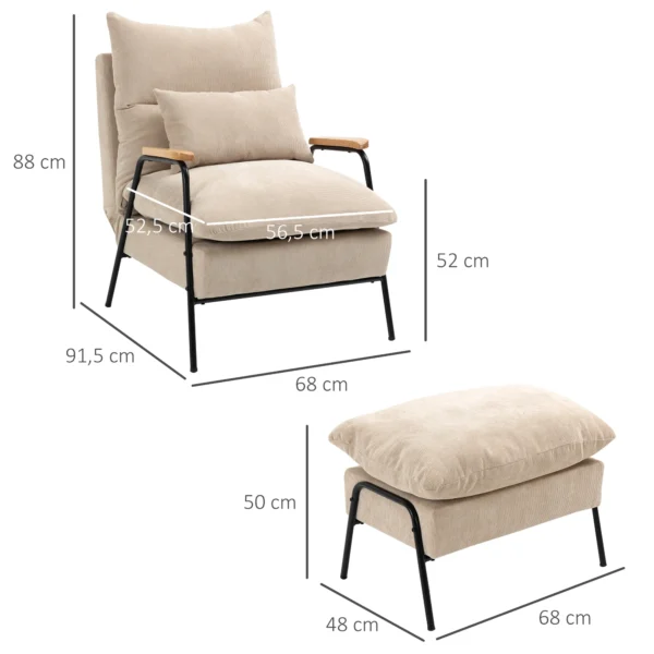 Relaxstoel met voetenbank stoel met verstelbare rugleuning, ligfunctie, kussen, moderne loungestoel gestoffeerde stoel met koord uiterlijk voor woonkamer tot 180 kg belastbaar, beige 4