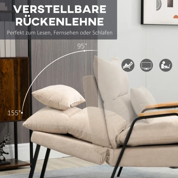 Relaxstoel met voetenbank stoel met verstelbare rugleuning, ligfunctie, kussen, moderne loungestoel gestoffeerde stoel met koord uiterlijk voor woonkamer tot 180 kg belastbaar, beige 5