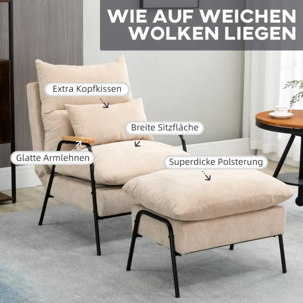 Relaxstoel met voetenbank stoel met verstelbare rugleuning, ligfunctie, kussen, moderne loungestoel gestoffeerde stoel met koord uiterlijk voor woonkamer tot 180 kg belastbaar, beige 7