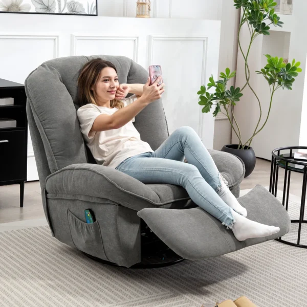 Relaxstoel, tv stoel met ligfunctie, schommelfunctie, draaibare tv stoel met voetensteun, zijtas, chenille look voor woonkamer, tot 150 kg, donkergrijs 2