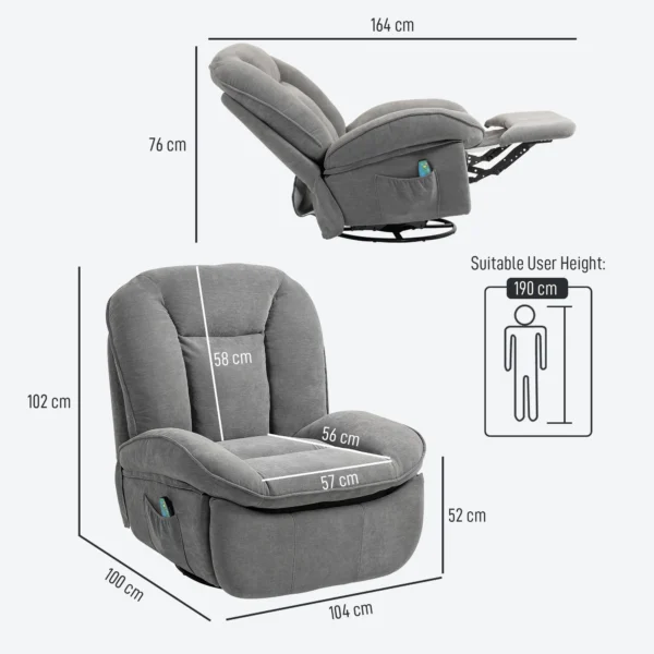 Relaxstoel, tv stoel met ligfunctie, schommelfunctie, draaibare tv stoel met voetensteun, zijtas, chenille look voor woonkamer, tot 150 kg, donkergrijs 4
