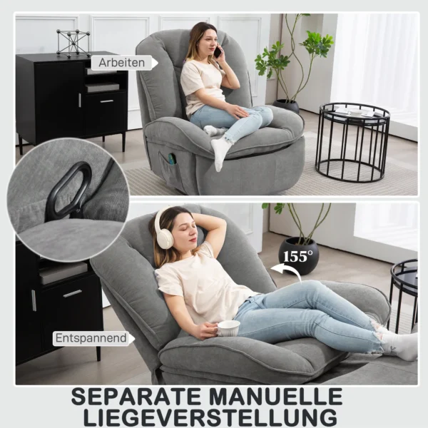 Relaxstoel, tv stoel met ligfunctie, schommelfunctie, draaibare tv stoel met voetensteun, zijtas, chenille look voor woonkamer, tot 150 kg, donkergrijs 5