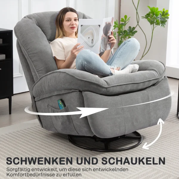 Relaxstoel, tv stoel met ligfunctie, schommelfunctie, draaibare tv stoel met voetensteun, zijtas, chenille look voor woonkamer, tot 150 kg, donkergrijs 6