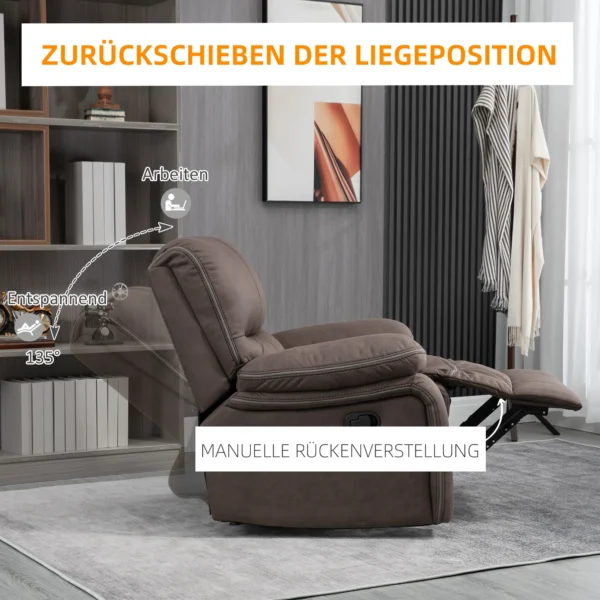Relaxstoel, tv stoel met ligfunctie, tv stoel met gevoerd voetgedeelte ligstoel, ruststoel met microvezelbekleding in lederlook, tot 150 kg belastbaar voor woonkamer, bruin 5