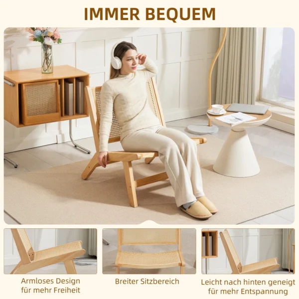Relaxstoel zonder armleuningen, stoel met rotan rugleuning, houten frame, leesstoel voor woonkamer slaapkamer natuurhout 7