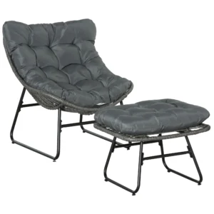Rieten relaxstoel met voetenbank tuinstoel outdoor rietenstoel met kussens, staal & polyester, grijs 69x76x70 cm voor tuin & terras 1