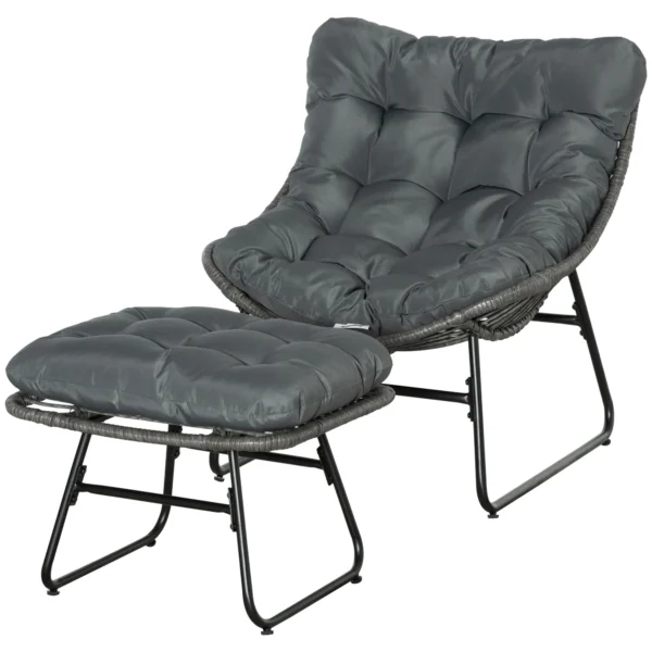 Rieten relaxstoel met voetenbank tuinstoel outdoor rietenstoel met kussens, staal & polyester, grijs 69x76x70 cm voor tuin & terras 10