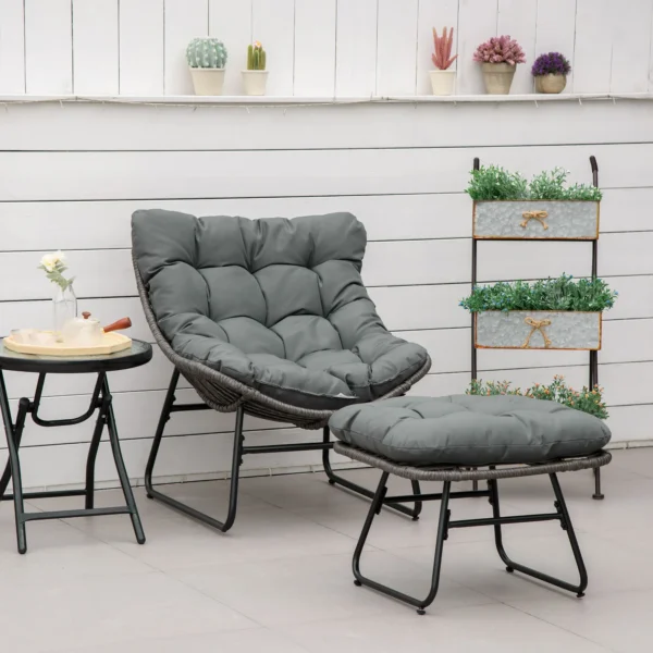 Rieten relaxstoel met voetenbank tuinstoel outdoor rietenstoel met kussens, staal & polyester, grijs 69x76x70 cm voor tuin & terras 2