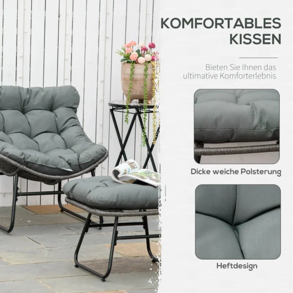 Rieten relaxstoel met voetenbank tuinstoel outdoor rietenstoel met kussens, staal & polyester, grijs 69x76x70 cm voor tuin & terras 6