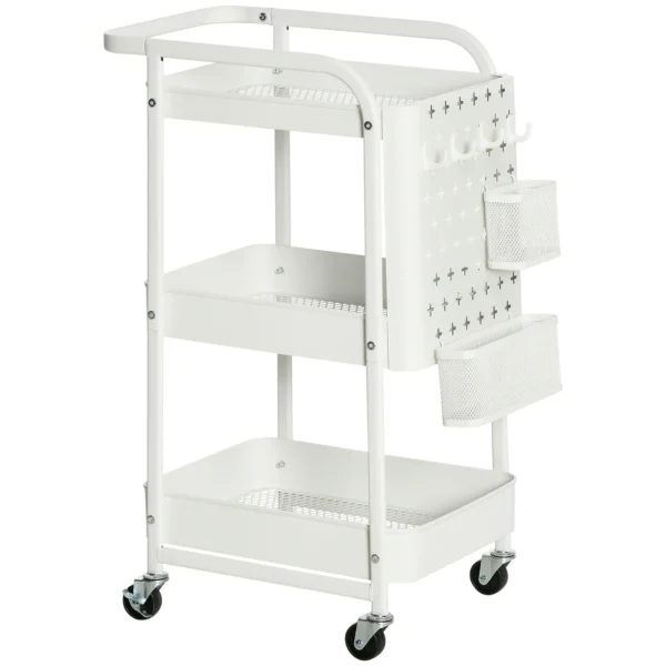 Rolwagen met laden 3 verdiepingen keukenrek op wielen voor keuken & kantoor, staal wit 51,5x32x75,6cm 1