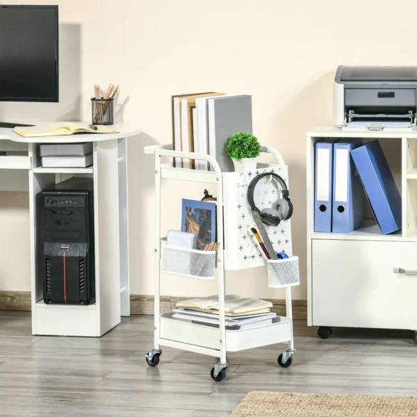 Rolwagen met laden 3 verdiepingen keukenrek op wielen voor keuken & kantoor, staal wit 51,5x32x75,6cm 2