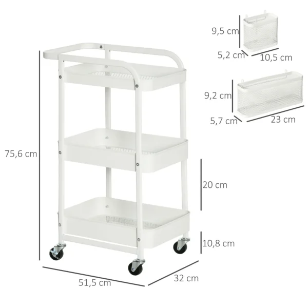 Rolwagen met laden 3 verdiepingen keukenrek op wielen voor keuken & kantoor, staal wit 51,5x32x75,6cm 4