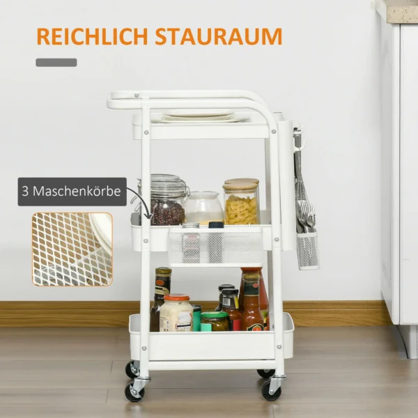Rolwagen met laden 3 verdiepingen keukenrek op wielen voor keuken & kantoor, staal wit 51,5x32x75,6cm 5
