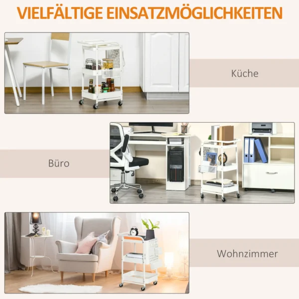 Rolwagen met laden 3 verdiepingen keukenrek op wielen voor keuken & kantoor, staal wit 51,5x32x75,6cm 8