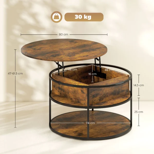 Ronde verstelbare hoogte salontafel Ø80 cm met opslagruimte en verborgen opslag, bijzettafel voor woonkamer, bruin 4
