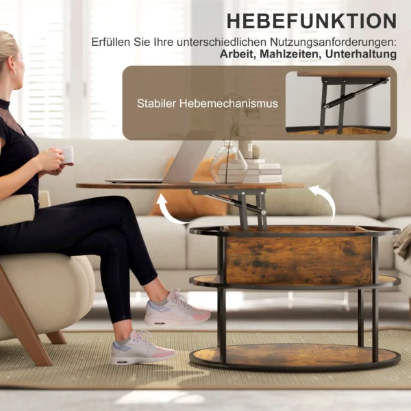 Ronde verstelbare hoogte salontafel Ø80 cm met opslagruimte en verborgen opslag, bijzettafel voor woonkamer, bruin 5