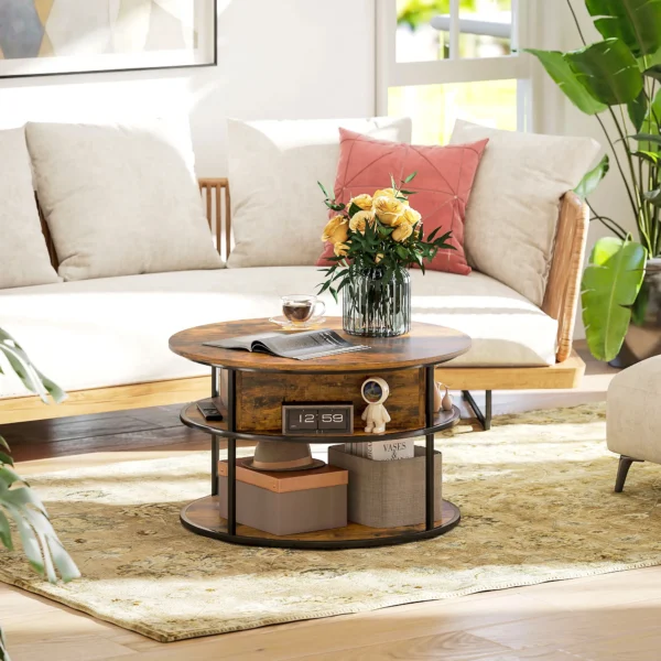 Ronde verstelbare hoogte salontafel Ø80 cm met opslagruimte en verborgen opslag, bijzettafel voor woonkamer, bruin 9