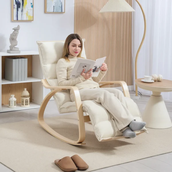 Schommelstoel schommelstoel met rugleuning, voetensteun, stoel, relaxstoel met linnenlook, schommelstoel, leesstoel voor woonkamer, slaapkamer, balkon crème wit 2
