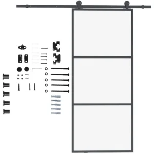 Schuifdeurbeslagset, 2 m compleet set met uitloper, rails, pijpklemmen, anti sprong inrichtingen schuifdeursysteem, deurschroevenset van koolstofstaal, zwart 1