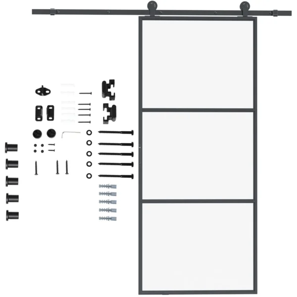 Schuifdeurbeslagset, 2 m compleet set met uitloper, rails, pijpklemmen, anti sprong inrichtingen schuifdeursysteem, deurschroevenset van koolstofstaal, zwart 1