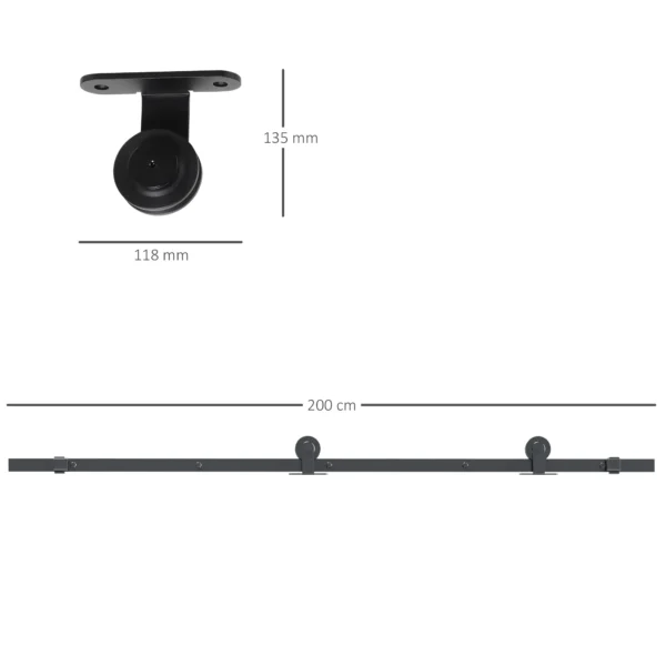 Schuifdeurbeslagset, 2 m compleet set met uitloper, rails, pijpklemmen, anti sprong inrichtingen schuifdeursysteem, deurschroevenset van koolstofstaal, zwart 4