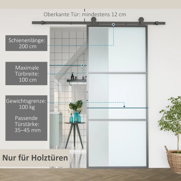 Schuifdeurbeslagset, 2 m compleet set met uitloper, rails, pijpklemmen, anti sprong inrichtingen schuifdeursysteem, deurschroevenset van koolstofstaal, zwart 5