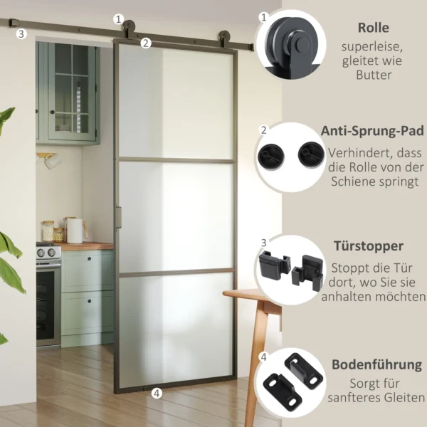 Schuifdeurbeslagset, 2 m compleet set met uitloper, rails, pijpklemmen, anti sprong inrichtingen schuifdeursysteem, deurschroevenset van koolstofstaal, zwart 6