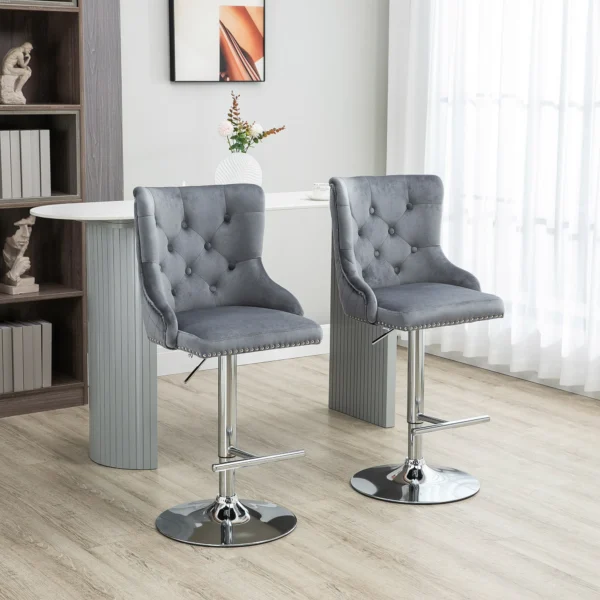 Set van 2 barkrukken draaistoelen met voetensteun, in hoogte verstelbare woonkamerstoelen met fluweel look, voor bartafel, keuken, lichtgrijs, 46 x 55 x 102 123 cm 2