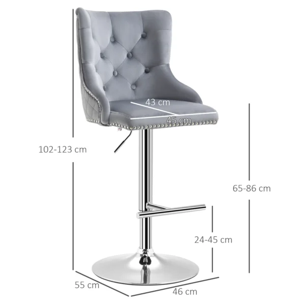 Set van 2 barkrukken draaistoelen met voetensteun, in hoogte verstelbare woonkamerstoelen met fluweel look, voor bartafel, keuken, lichtgrijs, 46 x 55 x 102 123 cm 4