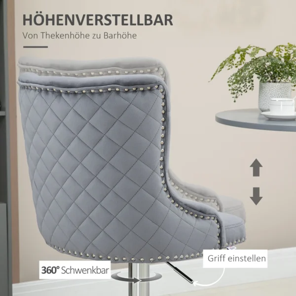 Set van 2 barkrukken draaistoelen met voetensteun, in hoogte verstelbare woonkamerstoelen met fluweel look, voor bartafel, keuken, lichtgrijs, 46 x 55 x 102 123 cm 6