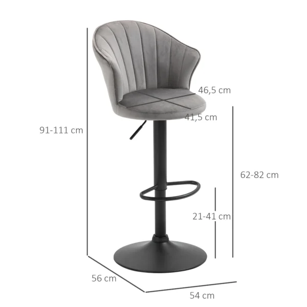 Set van 2 draaibare barkrukken met rugleuning, hoogte verstelbaar, fluweel touch, grijs, armloos, 51,5x57,5x93 114,5cm voor keuken & bar 4