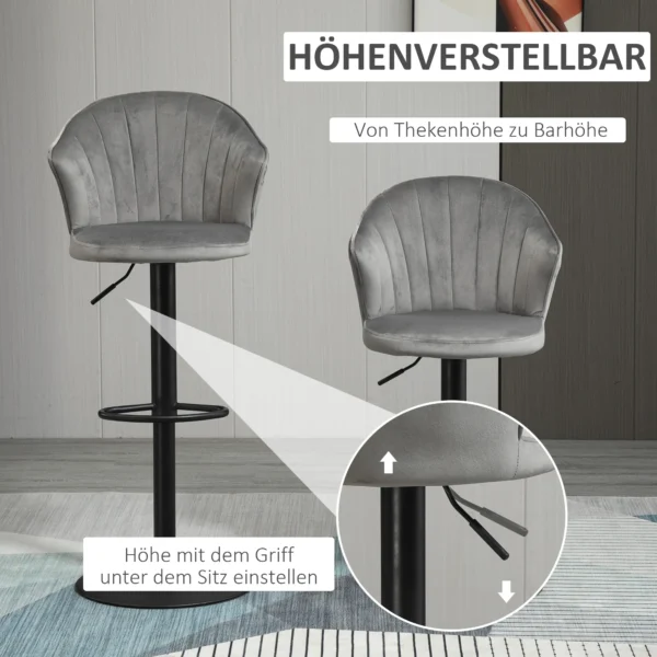 Set van 2 draaibare barkrukken met rugleuning, hoogte verstelbaar, fluweel touch, grijs, armloos, 51,5x57,5x93 114,5cm voor keuken & bar 5