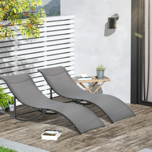 Set van 2 zonneligstoelen tuinligstoelen stofligstoel relaxstoel ergonomisch aluminium texteline donkergrijs 165 x 61 x 63 cm 2