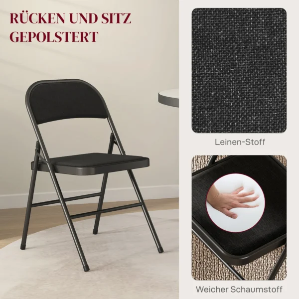Set van 4 klapstoelen, draagbare bureaustoel met kussen, linnenlook, stalen poten, vouwstoel voor kantoor receptie wachtkamer, zwart 5