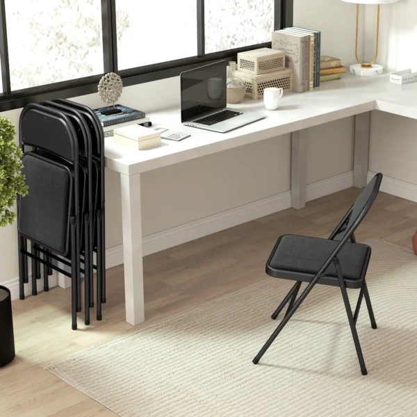 Set van 4 klapstoelen, draagbare bureaustoel met kussen, linnenlook, stalen poten, vouwstoel voor kantoor receptie wachtkamer, zwart 8
