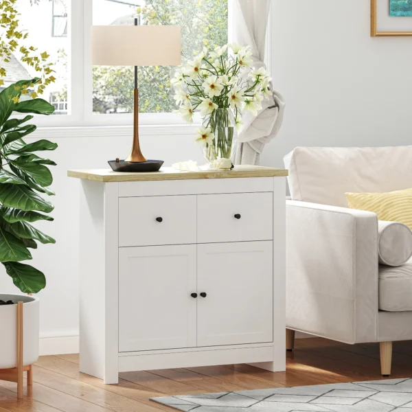 Sideboard keukenkast met 2 lades, soft close dubbele deur, verstelbare legplank, moderne opbergkast voor woonkamer, slaapkamer 79 x 35 x 80 cm wit 2