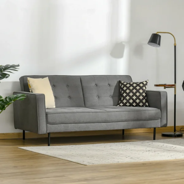 Slaapbank 3 zits met slaapfunctie en verstelbare hoek, vintage design van eucalyptushout en katoen in grijs 2