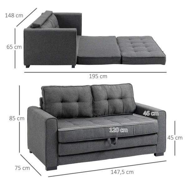 Slaapbank klapbank 2 zits, bedbank met slaapfunctie, linnen touch, rubberhout, grijs, 147,5x75x85cm 4