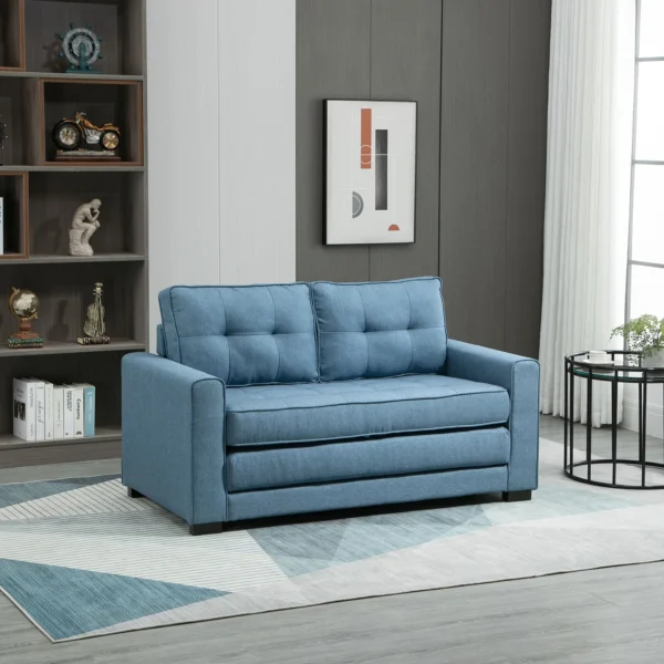 Slaapbank klapbank 2 zits stoffenbank bedbank sofa met slaapfunctie bankstel linnen touch rubberhout blauw 147,5 x 75 x 85 cm 2