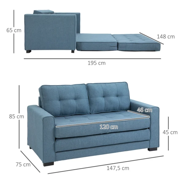 Slaapbank klapbank 2 zits stoffenbank bedbank sofa met slaapfunctie bankstel linnen touch rubberhout blauw 147,5 x 75 x 85 cm 4