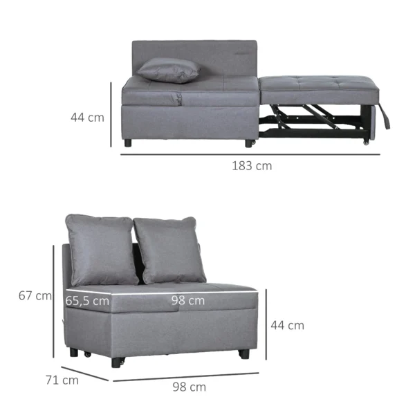 Slaapstoel 3 in 1 uitschuifbare slaapbank met bedfunctie 2 zits sofa met verstelbare rugleuning, zijtas, kussen, wielen, tot 300 kg, voor kleine ruimte donkergrijs 4