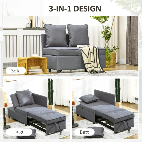 Slaapstoel 3 in 1 uitschuifbare slaapbank met bedfunctie 2 zits sofa met verstelbare rugleuning, zijtas, kussen, wielen, tot 300 kg, voor kleine ruimte donkergrijs 7