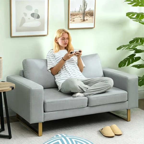 Sofa 2 zits bank met armleuning dubbelsofa modern gestoffeerde bank met linnenlook, kussens voor slaapkamer woonkamer, 145 x 82 x 78 cm, lichtgrijs 2