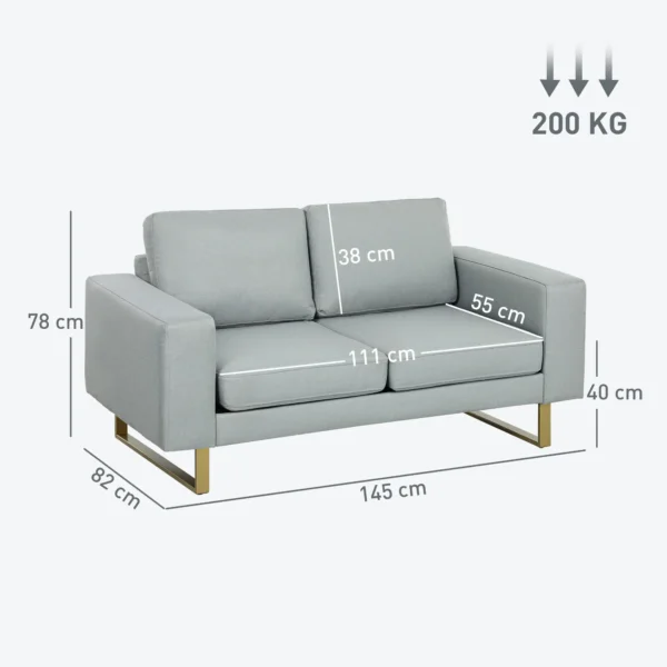 Sofa 2 zits bank met armleuning dubbelsofa modern gestoffeerde bank met linnenlook, kussens voor slaapkamer woonkamer, 145 x 82 x 78 cm, lichtgrijs 4