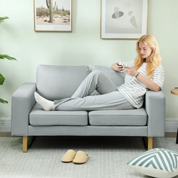 Sofa 2 zits bank met armleuning dubbelsofa modern gestoffeerde bank met linnenlook, kussens voor slaapkamer woonkamer, 145 x 82 x 78 cm, lichtgrijs 8