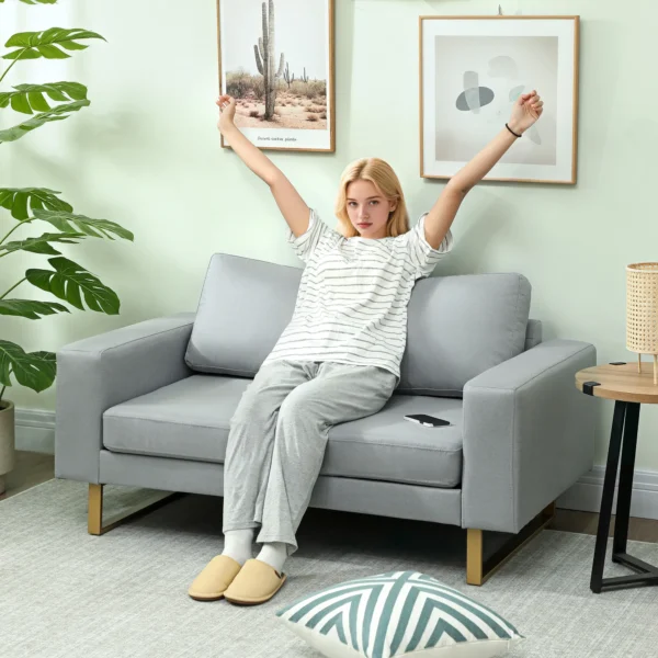 Sofa 2 zits bank met armleuning dubbelsofa modern gestoffeerde bank met linnenlook, kussens voor slaapkamer woonkamer, 145 x 82 x 78 cm, lichtgrijs 9