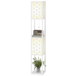 Staande lamp, staande lamp met 2 vakken, e27 fitting, roosterpatroon staande lamp met voetschakelaar en trekkoord, voor woonkamer, wit, excl. gloeilamp 1