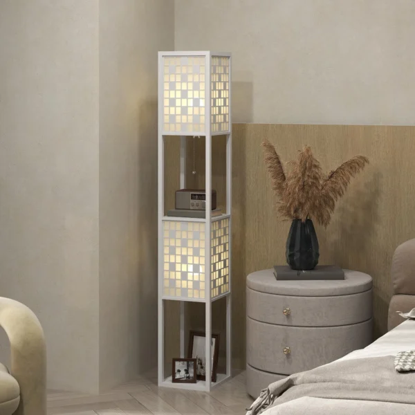 Staande lamp, staande lamp met 2 vakken, e27 fitting, roosterpatroon staande lamp met voetschakelaar en trekkoord, voor woonkamer, wit, excl. gloeilamp 10